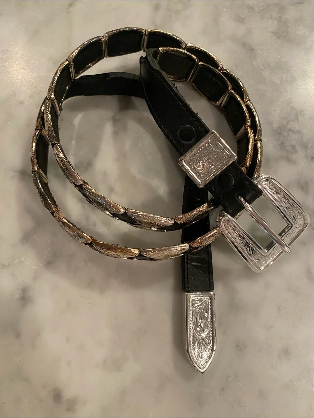 Black Top Grain Cow Hide Western Belt with Engraved Silver-Tone Hardware